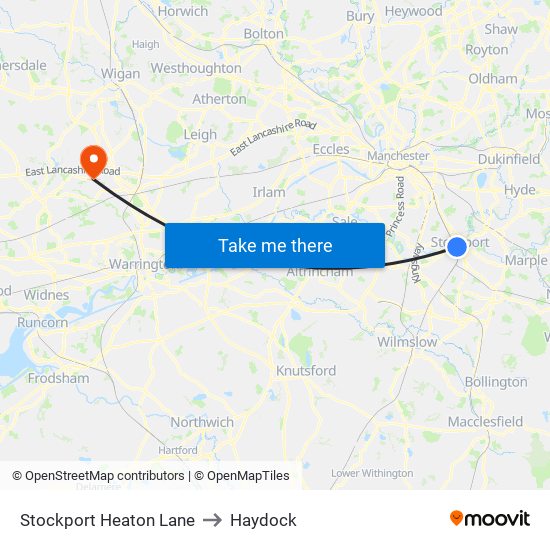 Stockport Heaton Lane to Haydock map