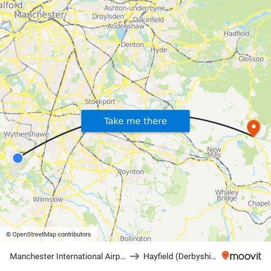 Terminal 1 to Hayfield (Derbyshire) map