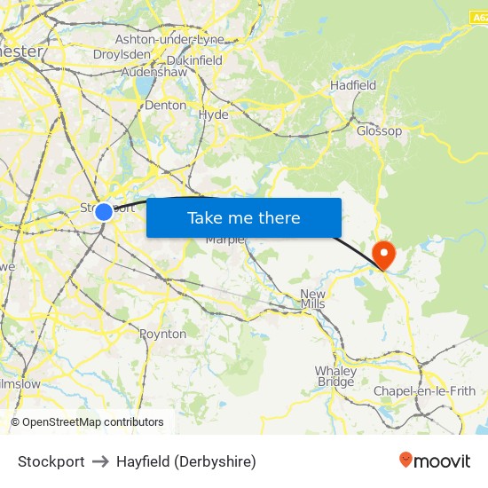 Stockport to Hayfield (Derbyshire) map