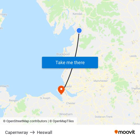 Capernwray to Heswall map