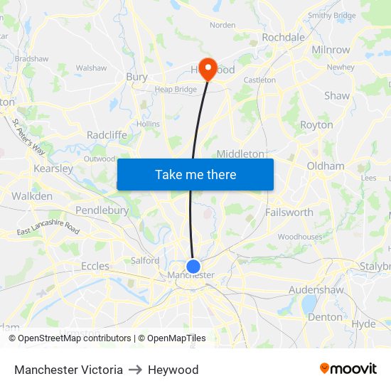 Manchester Victoria to Heywood map