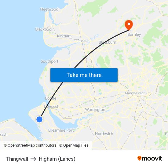 Thingwall to Higham (Lancs) map