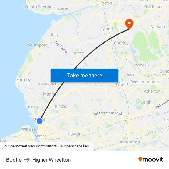 Bootle to Higher Wheelton map