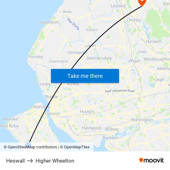 Heswall to Higher Wheelton map