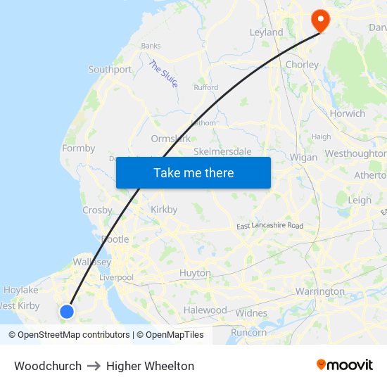 Woodchurch to Higher Wheelton map