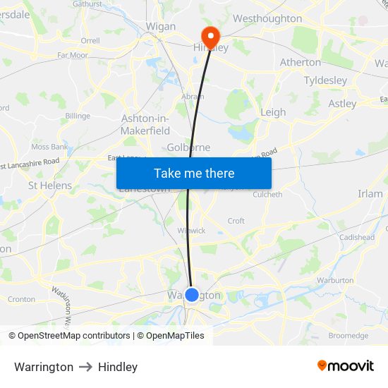 Warrington to Hindley map