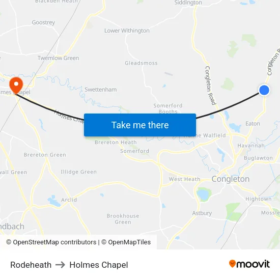 Rodeheath to Holmes Chapel map