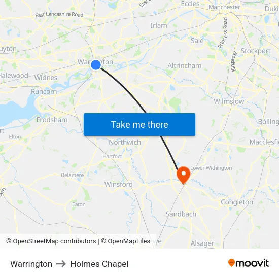 Warrington to Holmes Chapel map