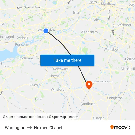 Warrington to Holmes Chapel map