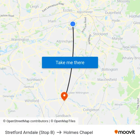 Stretford Mall to Holmes Chapel map