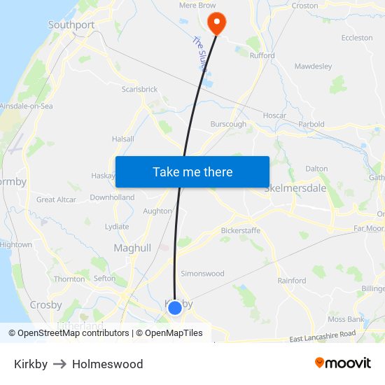 Kirkby to Holmeswood map