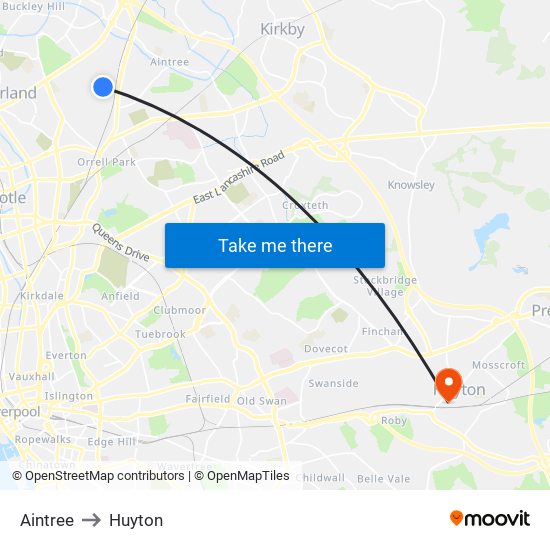 Aintree to Huyton map