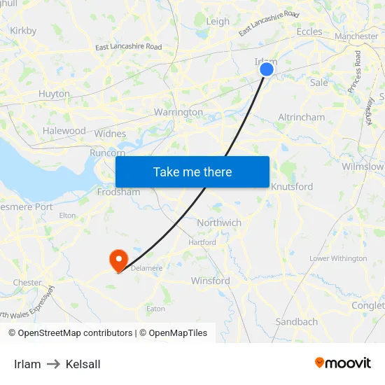 Irlam to Kelsall map