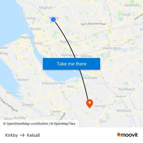 Kirkby to Kelsall map