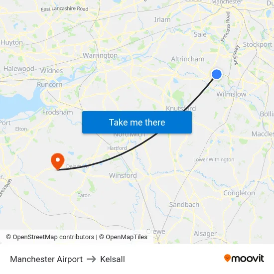 Manchester Airport to Kelsall map