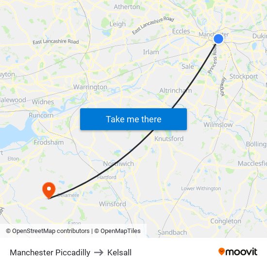 Manchester Piccadilly to Kelsall map