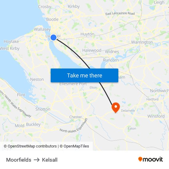 Moorfields to Kelsall map