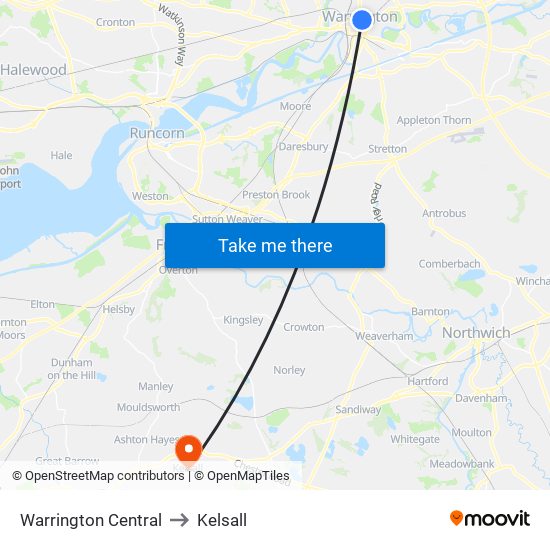 Warrington Central to Kelsall map