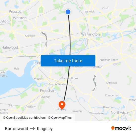 Burtonwood to Kingsley map