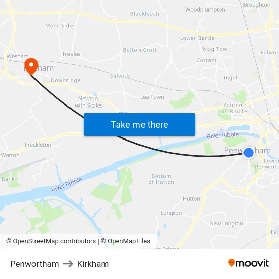 Penwortham to Kirkham map