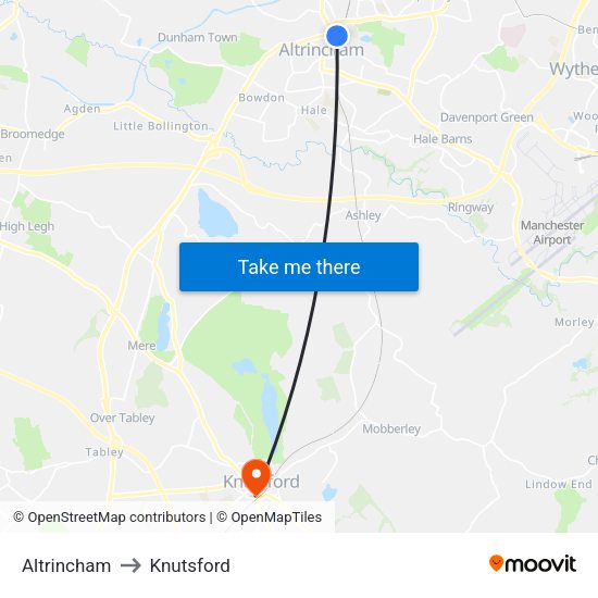 Altrincham to Knutsford map