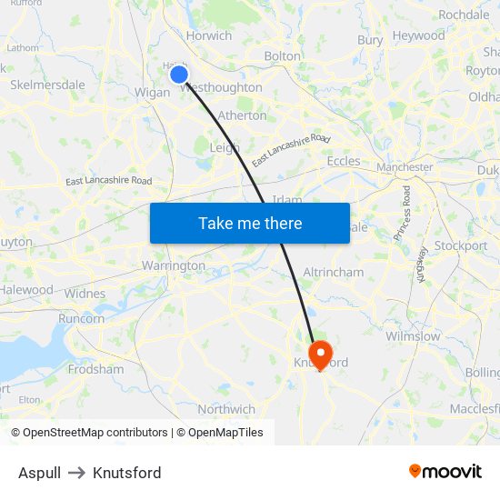 Aspull to Knutsford map