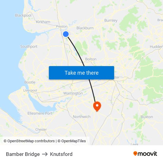 Bamber Bridge to Knutsford map