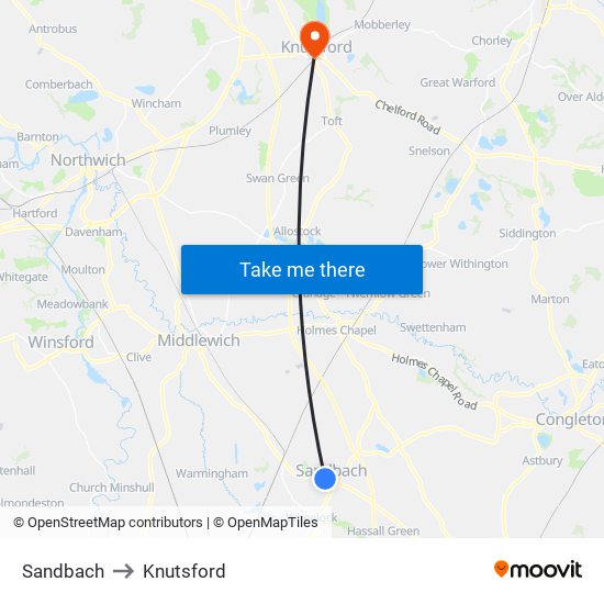 Sandbach to Knutsford map