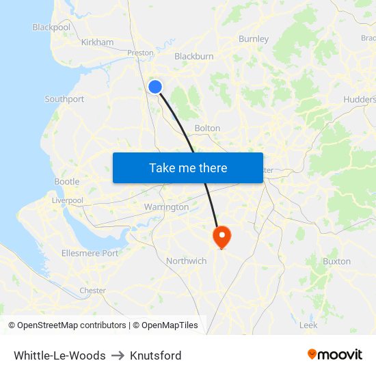 Whittle-Le-Woods to Knutsford map