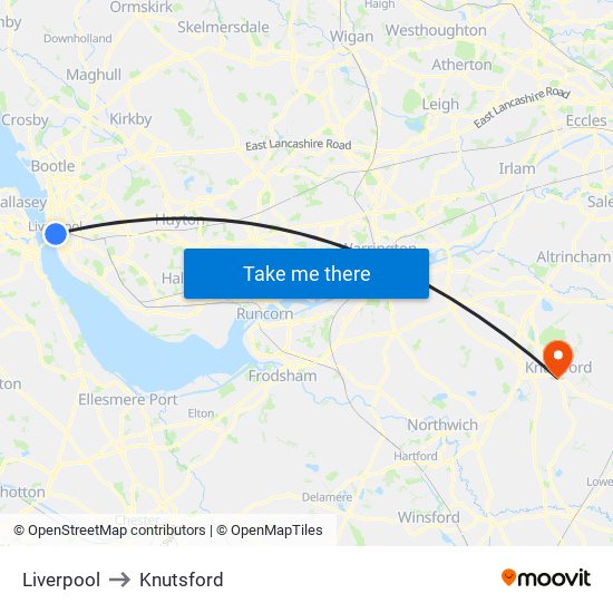 Liverpool to Knutsford map