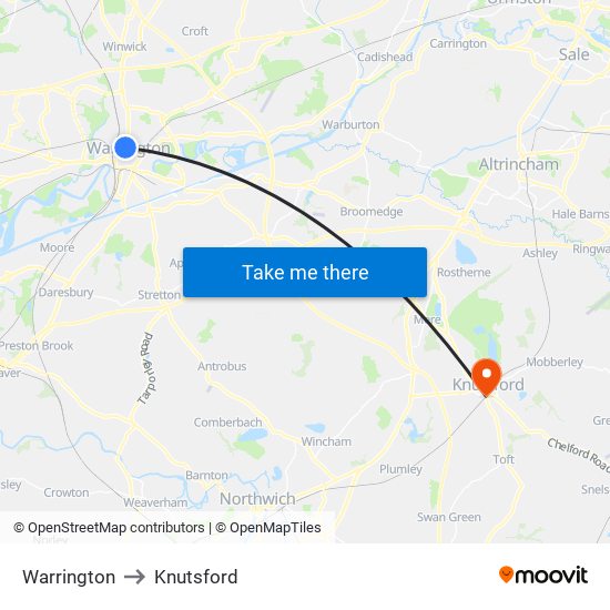 Warrington to Knutsford map