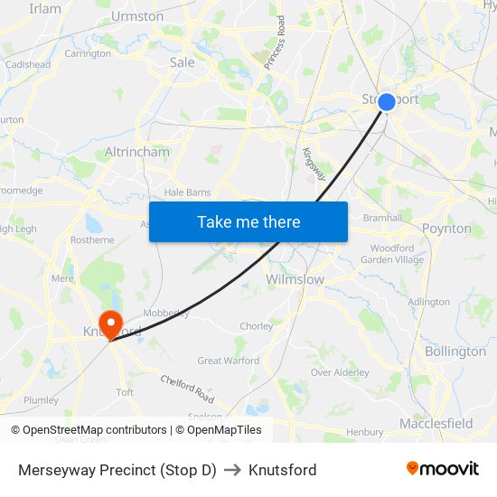 Merseyway Precinct (Stop D) to Knutsford map