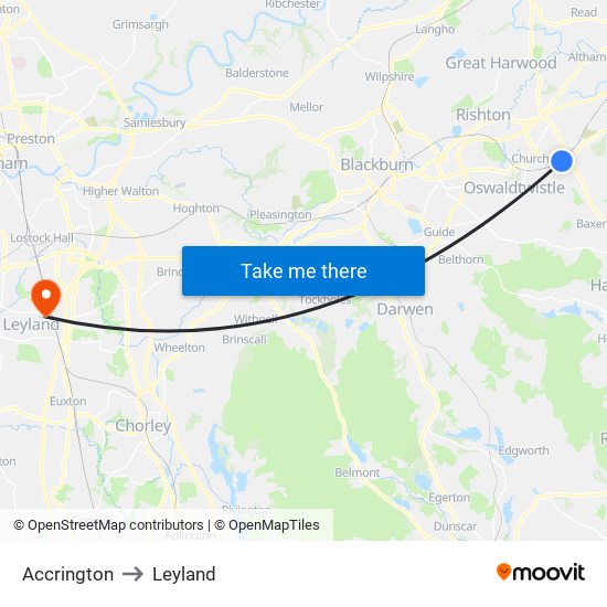 Accrington to Leyland map