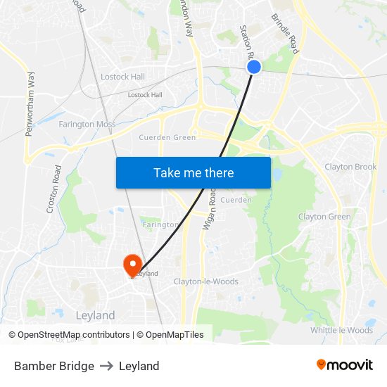 Bamber Bridge to Leyland map