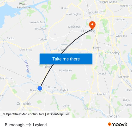 Burscough to Leyland map