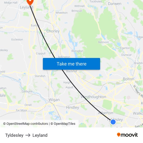 Tyldesley to Leyland map