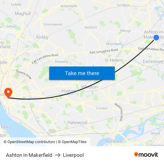 Ashton In Makerfield to Liverpool map