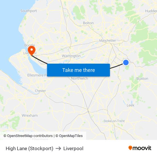 High Lane (Stockport) to Liverpool map