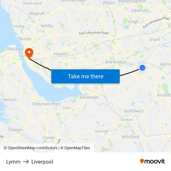 Lymm to Liverpool map
