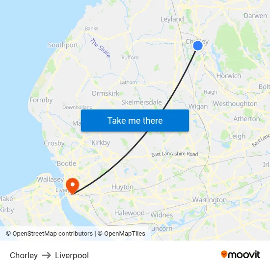 Chorley to Liverpool map