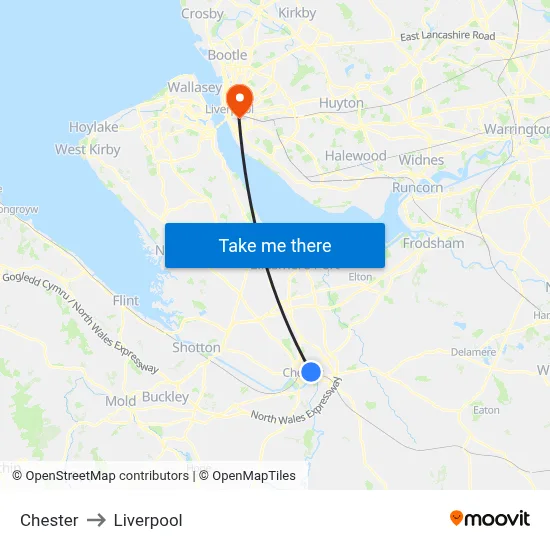 Chester to Liverpool map