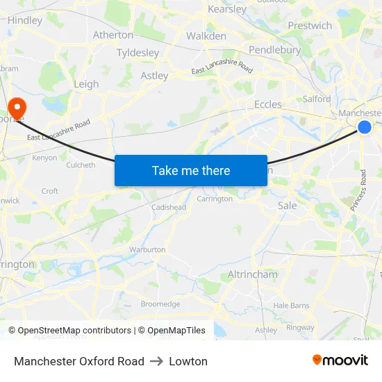 Manchester Oxford Road to Lowton map