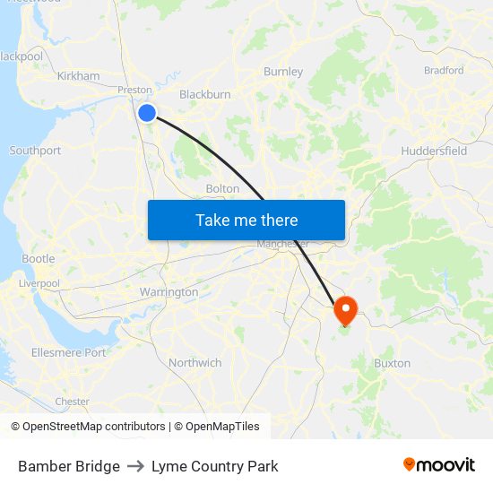 Bamber Bridge to Lyme Country Park map