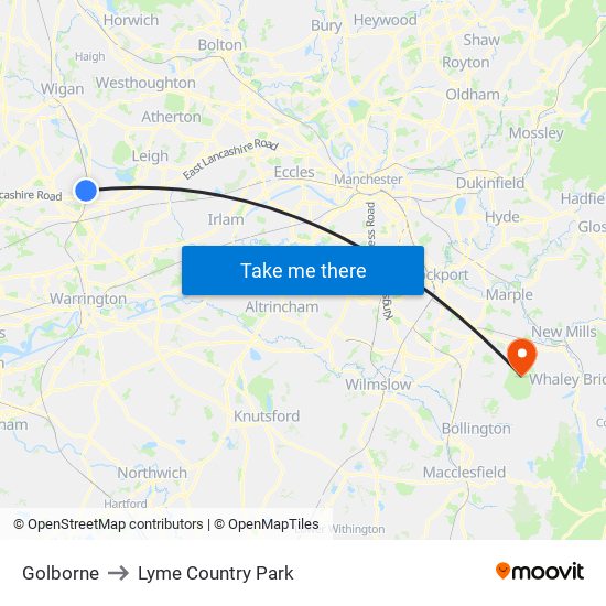 Golborne to Lyme Country Park map