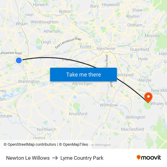 Newton Le Willows to Lyme Country Park map