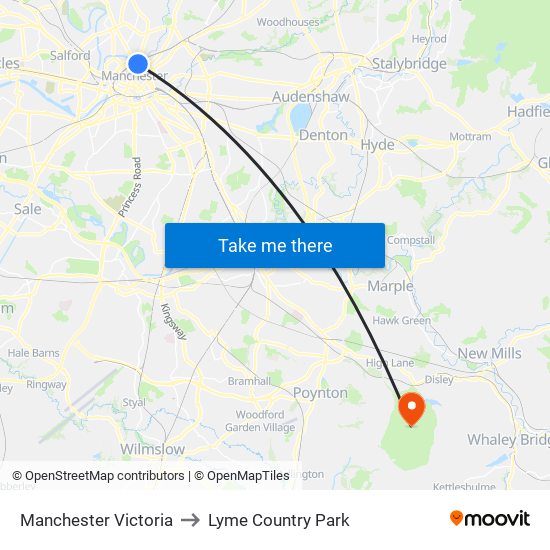 Manchester Victoria to Lyme Country Park map