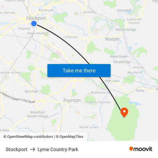 Stockport to Lyme Country Park map