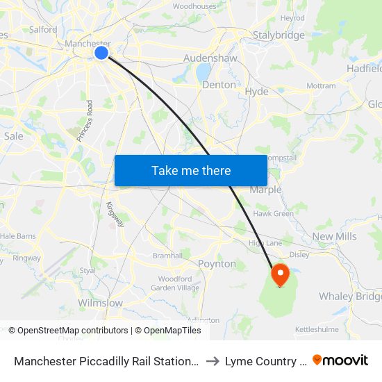 Manchester Piccadilly Rail Station (Stop A) to Lyme Country Park map