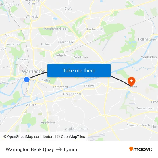 Warrington Bank Quay to Lymm map
