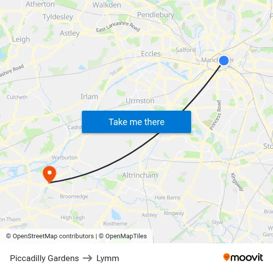 Piccadilly Gardens to Lymm map